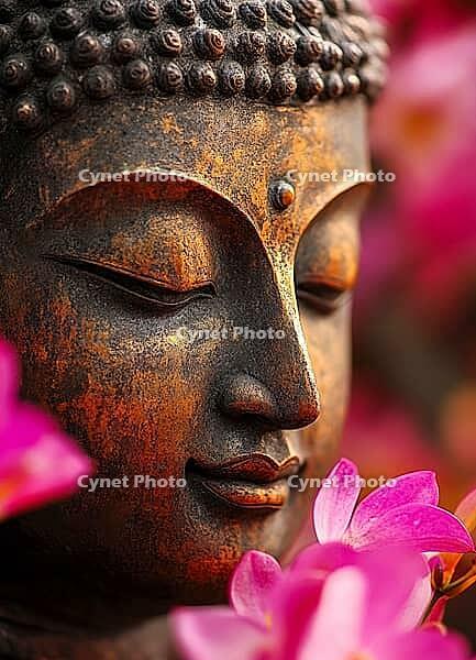 Traditional Buddha statue in a garden, Buddhism, meditation, generative AI, AI generated [IBR124891326]
