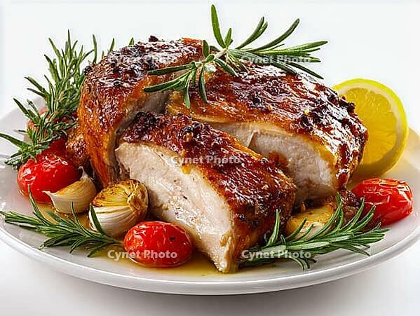 Delicious turkey fillet with rosemary, tomatoes and garlic served on a white plate, Generative AI, AI generated [IBR124891330]