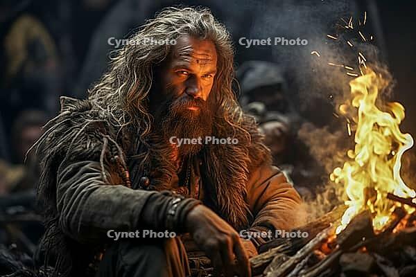 Stone Age Man, Stone Age Man Sitting by Fire, portrait, Generative AI, AI Generated [IBR124891332]