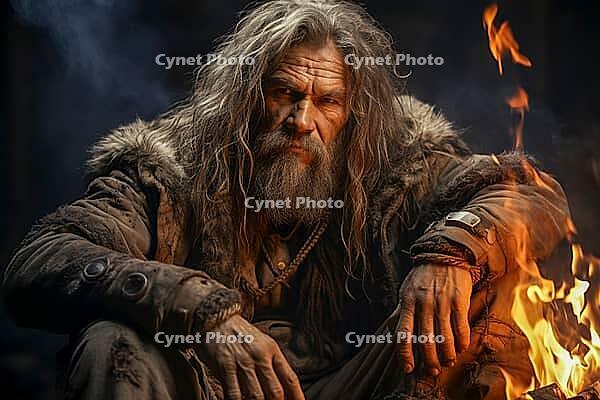 Stone Age Man, Stone Age Man Sitting by Fire, portrait, Generative AI, AI Generated [IBR124891333]