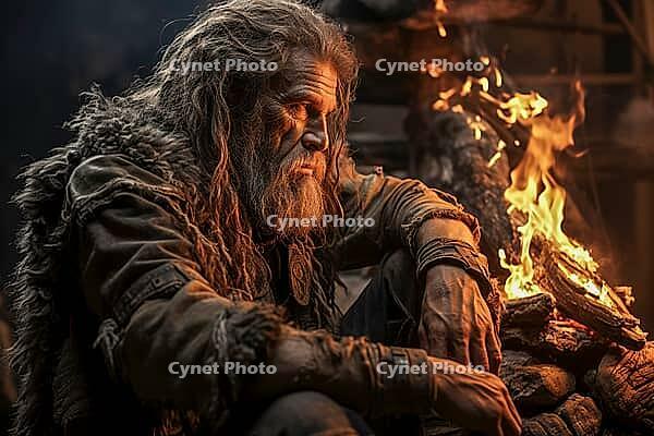 Stone Age Man, Stone Age Man Sitting by Fire, portrait, Generative AI, AI Generated [IBR124891334]