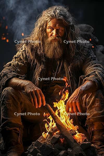 Stone Age Man, Stone Age Man Sitting by Fire, portrait, Generative AI, AI Generated [IBR124891338]