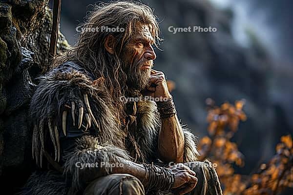 Stone Age Man, Stone Age Man in Nature, Generative AI, AI Generated [IBR124891340]