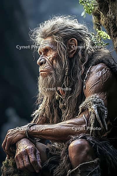 Neanderthal man from the Stone Age, hunter sitting outdoors, Generative AI, AI generated [IBR124891342]