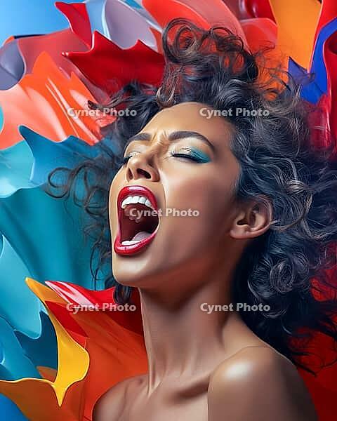 Surrealistic colorful portrait of screaming woman, Generative AI, AI generated [IBR124891346]