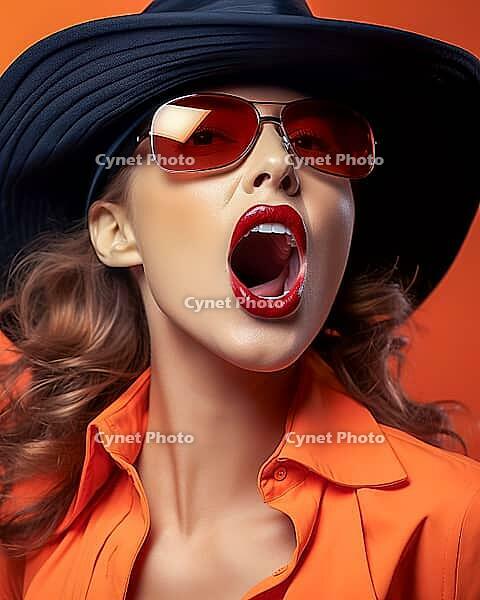 Portrait of screaming woman wearing hat and sunglasses, Generative AI, AI generated [IBR124891347]