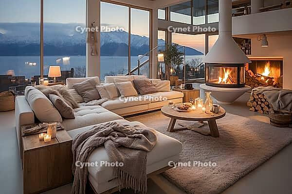 Penthouse in the mountains with cozy decor, fireplace and bright upholstered furniture, Generative AI, AI generated [IBR124891351]