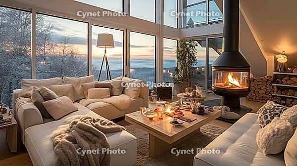 Penthouse in the mountains with cozy decor, fireplace and bright upholstered furniture, Generative AI, AI generated [IBR124891352]