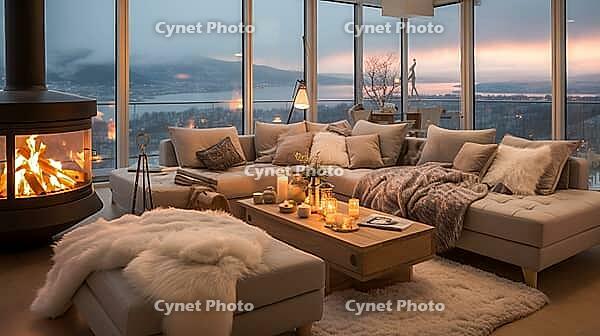 Penthouse in the mountains with cozy decor, fireplace and bright upholstered furniture, Generative AI, AI generated [IBR124891353]