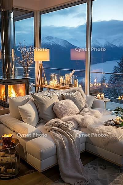 Penthouse in the mountains with cozy decor, fireplace and bright upholstered furniture, Generative AI, AI generated [IBR124891355]