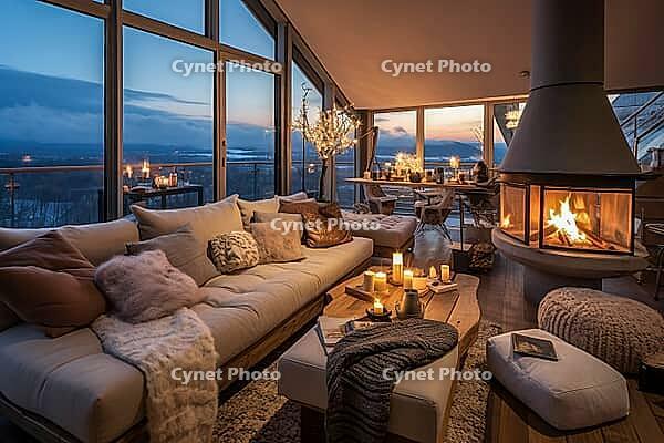 Penthouse in the mountains with cozy decor, fireplace and bright upholstered furniture, Generative AI, AI generated [IBR124891356]