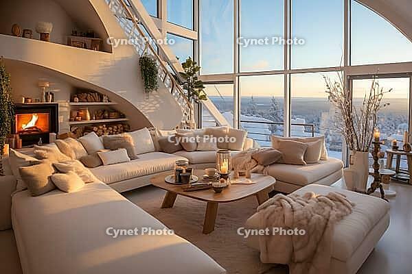 Penthouse in the mountains with cozy decor, fireplace and bright upholstered furniture, Generative AI, AI generated [IBR124891357]