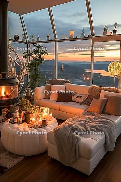 Penthouse in the mountains with cozy decor, fireplace and bright upholstered furniture, Generative AI, AI generated [IBR124891359]