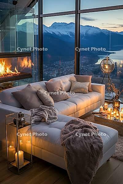 Penthouse in the mountains with cozy decor, fireplace and bright upholstered furniture, Generative AI, AI generated [IBR124891360]
