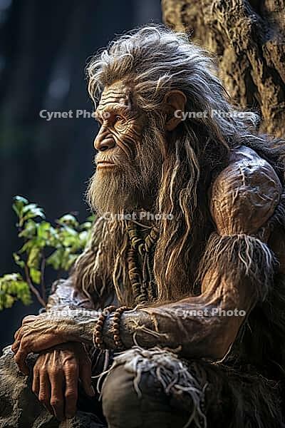 Neanderthal man from the Stone Age, hunter sitting outdoors, Generative AI, AI generated [IBR124891369]