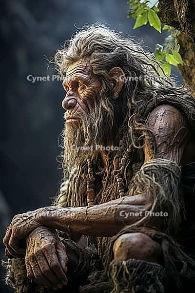 Neanderthal man from the Stone Age, hunter sitting outdoors, Generative AI, AI generated [IBR124891371]
