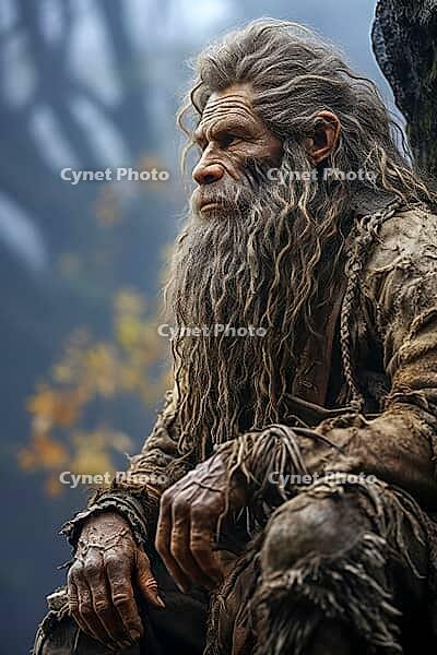 Neanderthal man from the Stone Age, hunter sitting outdoors, Generative AI, AI generated [IBR124891374]