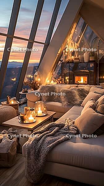 Penthouse in the mountains with cozy decor, fireplace and bright upholstered furniture, Generative AI, AI generated [IBR124891375]