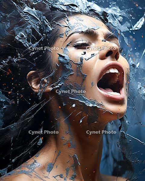 Surrealistic colorful portrait of screaming woman, Generative AI, AI generated [IBR124891378]