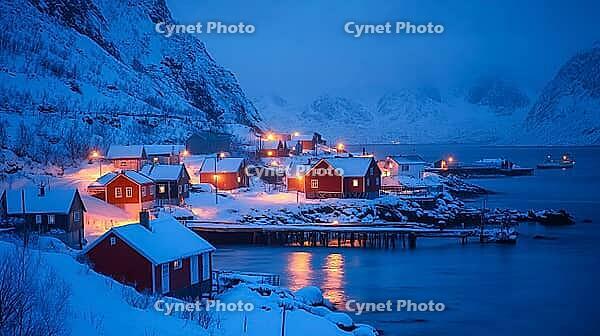 Hamnøy harbour in winter in Lofoten at dusk, Generative AI, AI generated [IBR124891379]