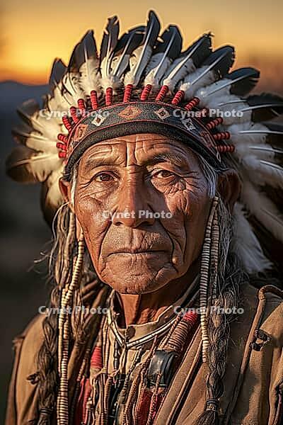 Portrait of an indigenous elderly man with headdress tribal chief, Indian, feather decoration, generative AI, AI generated [IBR124891382]