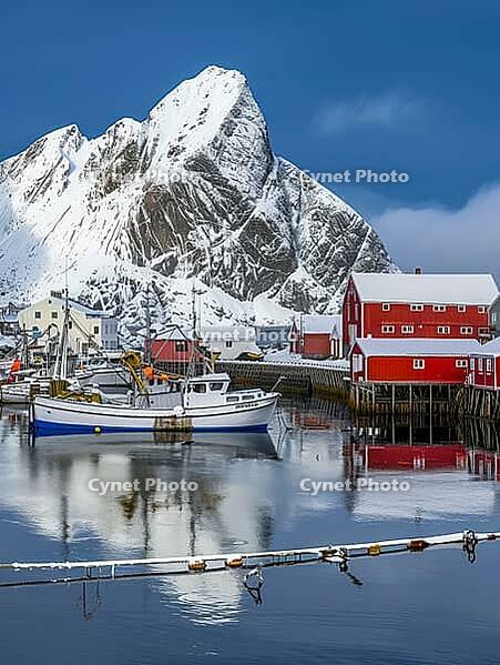 Hamnøy harbour in winter, Lofoten, Norway, Generative AI, AI generated [IBR124891383]