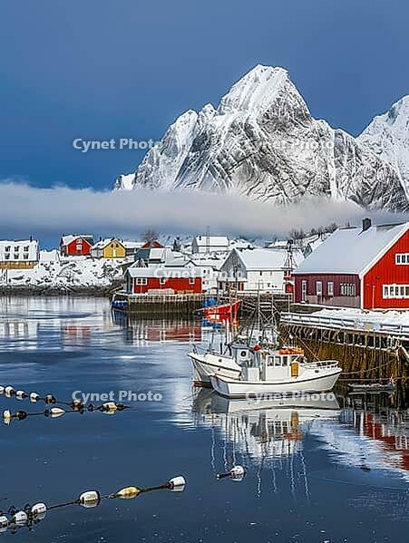 Hamnøy harbour in winter, Lofoten, Norway, Generative AI, AI generated [IBR124891384]