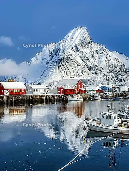 Hamnøy harbour in winter, Lofoten, Norway, Generative AI, AI generated [IBR124891385]