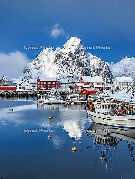 Hamnøy harbour in winter, Lofoten, Norway, Generative AI, AI generated [IBR124891387]