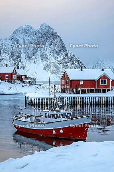 Hamnøy harbour in winter, Lofoten, Norway, Generative AI, AI generated [IBR124891388]