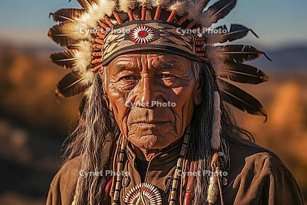 Portrait of an indigenous elderly man with headdress tribal chief, Indian, feather decoration, generative AI, AI generated [IBR124891390]