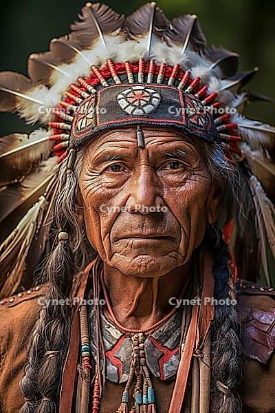 Portrait of an indigenous elderly man with headdress tribal chief, Indian, feather decoration, generative AI, AI generated [IBR124891391]