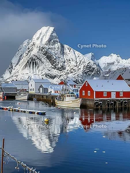Hamnøy harbour in winter, Lofoten, Norway, Generative AI, AI generated [IBR124891392]