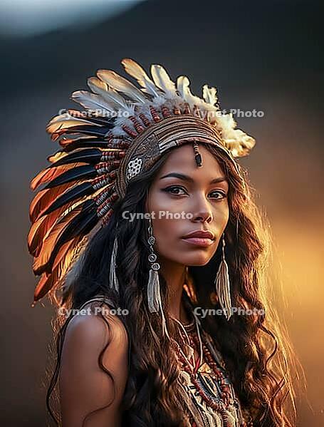 Portrait of an indigenous beautiful woman with feather headdress, war bonnet, Native American, feather decoration, generative AI, AI generated [IBR124891395]