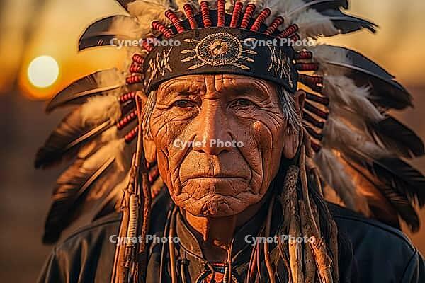 Portrait of an indigenous elderly man with headdress tribal chief, Indian, feather decoration, generative AI, AI generated [IBR124891396]