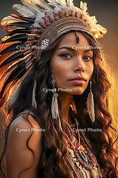 Portrait of an indigenous beautiful woman with feather headdress, war bonnet, Native American, feather decoration, generative AI, AI generated [IBR124891397]