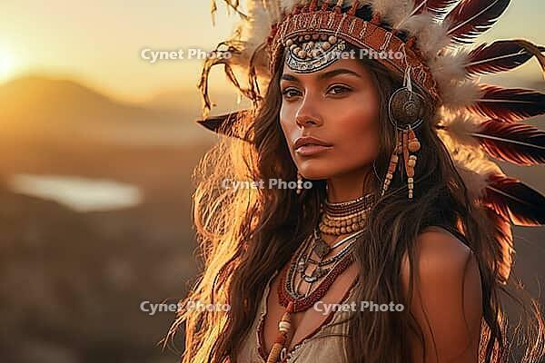 Portrait of an indigenous beautiful woman with feather headdress, war bonnet, Native American, feather decoration, generative AI, AI generated [IBR124891398]