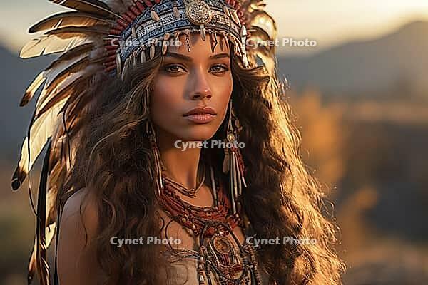 Portrait of an indigenous beautiful woman with feather headdress, war bonnet, Native American, feather decoration, generative AI, AI generated [IBR124891399]