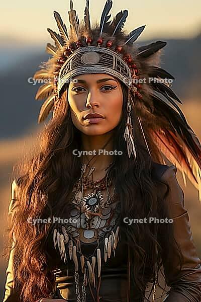 Portrait of an indigenous beautiful woman with feather headdress, war bonnet, Native American, feather decoration, generative AI, AI generated [IBR124891400]