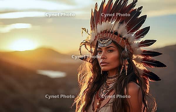 Portrait of an indigenous beautiful woman with feather headdress, war bonnet, Native American, feather decoration, generative AI, AI generated [IBR124891401]