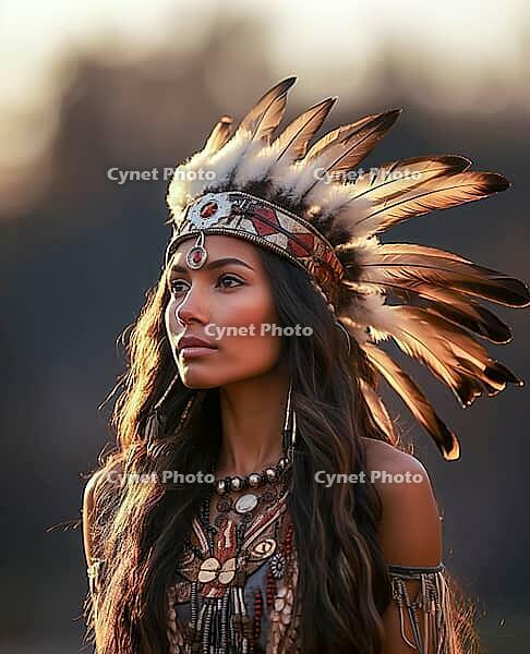 Portrait of an indigenous beautiful woman with feather headdress, war bonnet, Native American, feather decoration, generative AI, AI generated [IBR124891402]