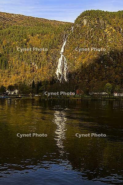 Norway Modalen, Kvernhusfossen Waterfall at Mostraumen Fjord [IBR124897425]