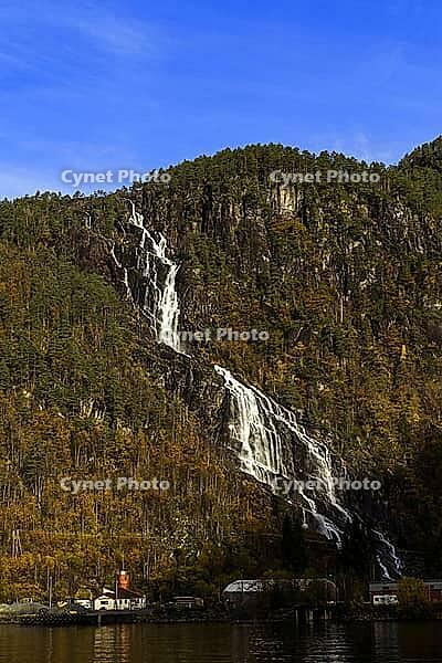 Norway Modalen, Kvernhusfossen Waterfall at Mostraumen Fjord [IBR124897435]
