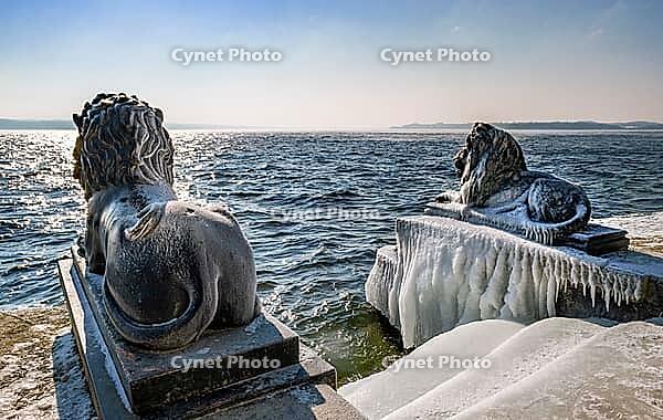 Bavarian lion covered in ice on an icy winter day in Tutzing am Starnberger See, Upper Bavaria, Bavaria, Germany [IBR124898949]