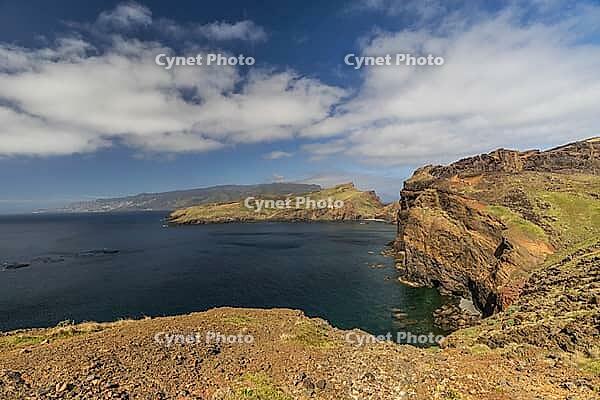 Cliff landscape by the sea, Ponta de Sao Lourenco, landscape at the eastern end of the island, Madeira Island, Portugal [IBR124899441]