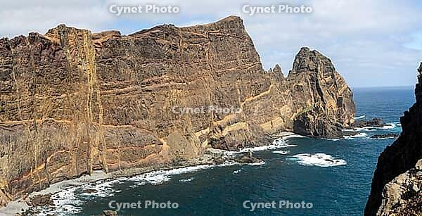 Cliff landscape by the sea, Ponta de Sao Lourenco, landscape at the eastern end of the island, Madeira Island, Portugal [IBR124899442]