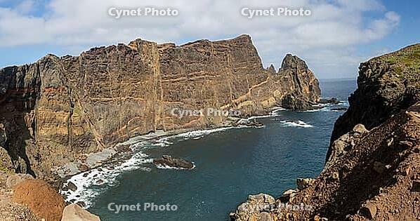 Cliff landscape by the sea, Ponta de Sao Lourenco, landscape at the eastern end of the island, Madeira Island, Portugal [IBR124899443]
