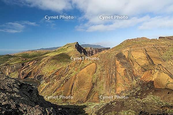 Cliff landscape by the sea, Ponta de Sao Lourenco, landscape at the eastern end of the island, Madeira Island, Portugal [IBR124899448]
