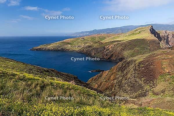 Cliff landscape by the sea, Ponta de Sao Lourenco, landscape at the eastern end of the island, Madeira Island, Portugal [IBR124899451]