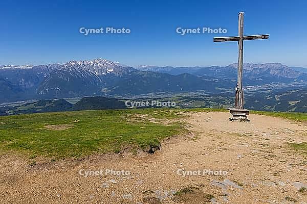 Landscape panorama, summit cross, mountains, hikers, Tennengau, relaxation [IBR124899486]